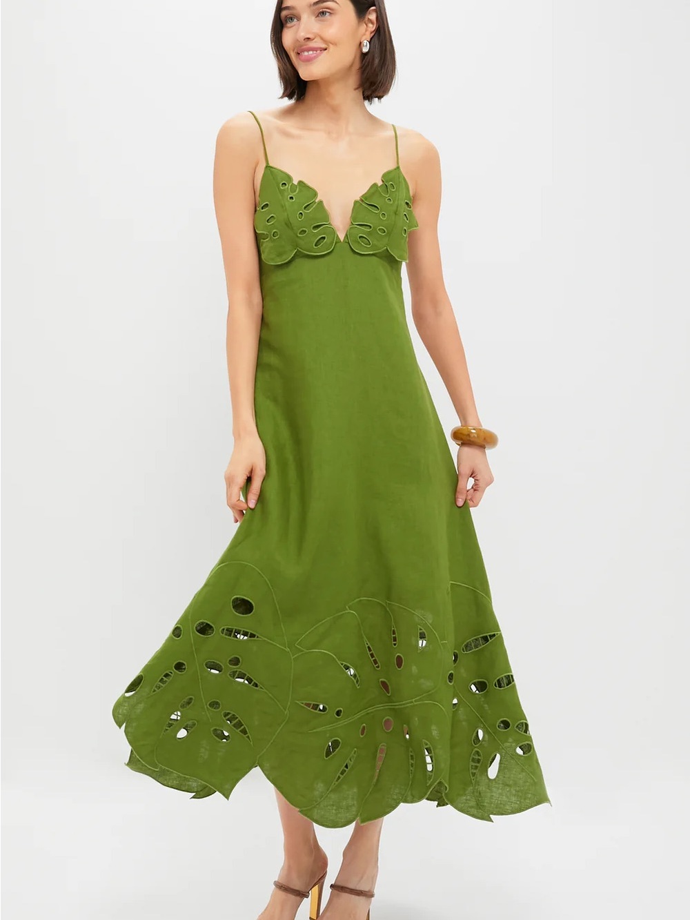 FARM Rio Olive Green Eyelet Midi Dress - Picture 5 of 8